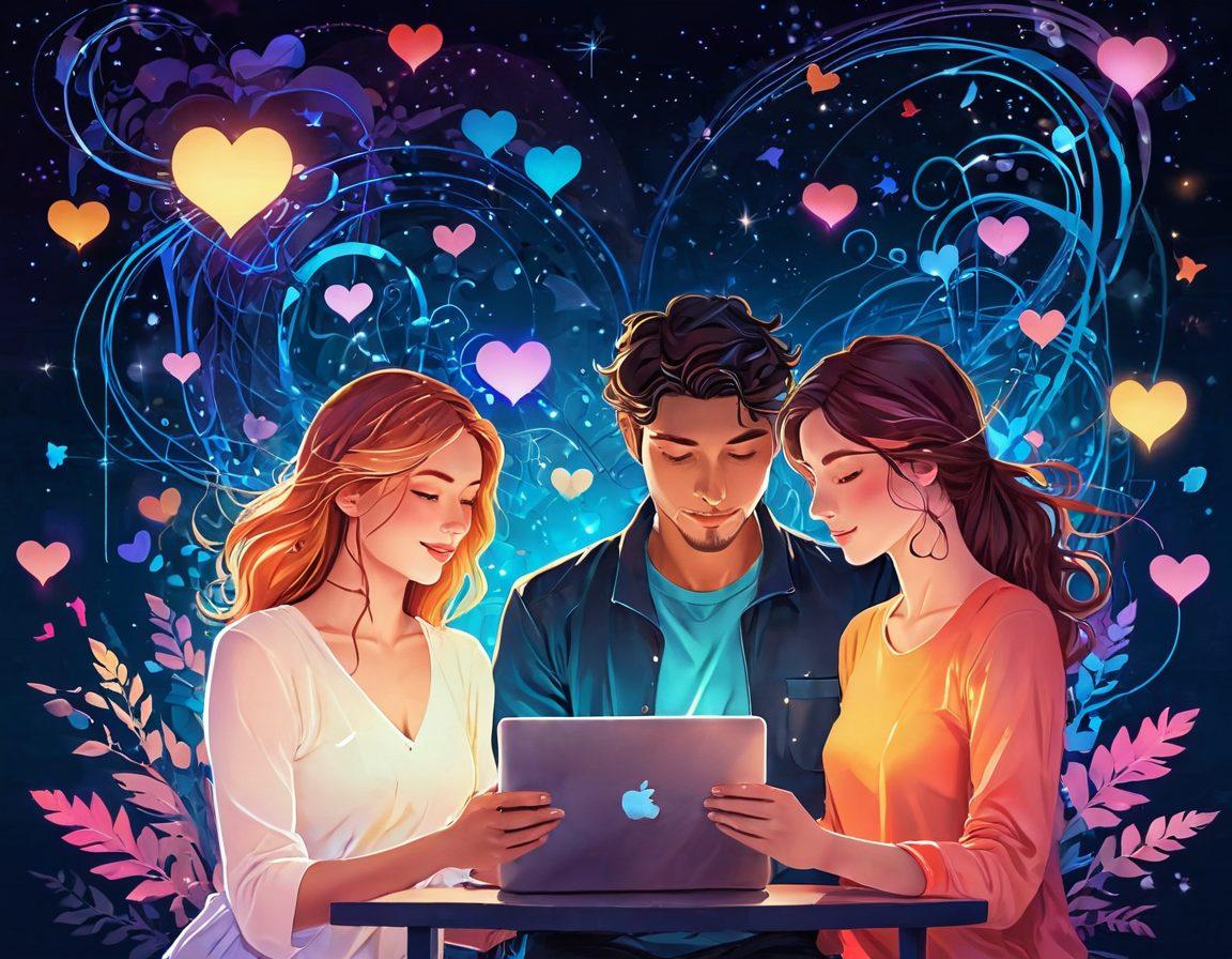 A vibrant illustration of a couple connecting through their devices, surrounded by glowing hearts and digital symbols. The backdrop features an ethereal blend of technology and romance, like a starry night merging with circuit patterns. Romantic elements like flowers and butterflies subtly intertwine with the tech motifs, showing the union of love and technology. The atmosphere is warm and inviting, radiating a sense of connection despite the digital barriers. digital art. vibrant colors. soft glow.