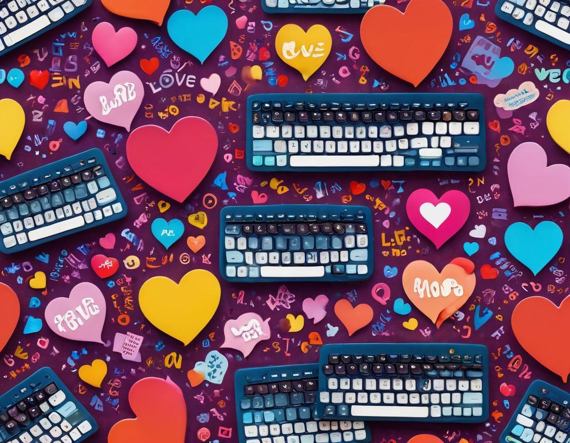 A whimsical blend of a traditional QWERTY keyboard morphing into heart shapes and romantic symbols, with vibrant love-related emojis and text flowing from the keys. In the background, silhouettes of diverse couples communicating through text bubbles filled with affection. The overall mood is warm and inviting, symbolizing modern love through technology. vibrant colors. 3D.